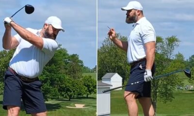 Jason Kelce smashes a tee shot as he makes the most of retired life with round of golf in the sun... as fans say he's looking 'fit' amid weight loss journey
