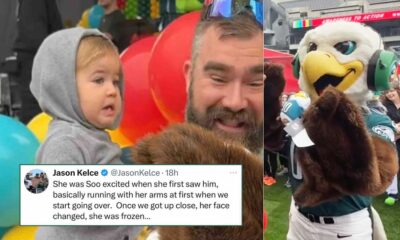 The retired NFL [Philadelphia Eagles] player Jason Kelce Brings Daughter Bennett to Meet Philadelphia Eagles Mascot — and She's a little skeptical of her new fuzzy friend.