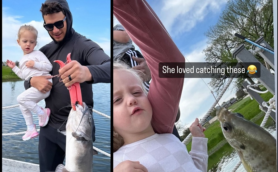 Patrick Mahomes and his family go fishing and catch a big one as daughter Sterling appears indifferent to the entire ordeal.