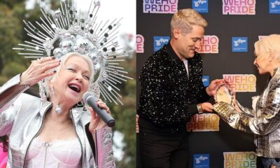 Cyndi Lauper sports a mirror ball headpiece as she serves as the Grand Marshal of the WeHo Pride Parade in West Hollywood.