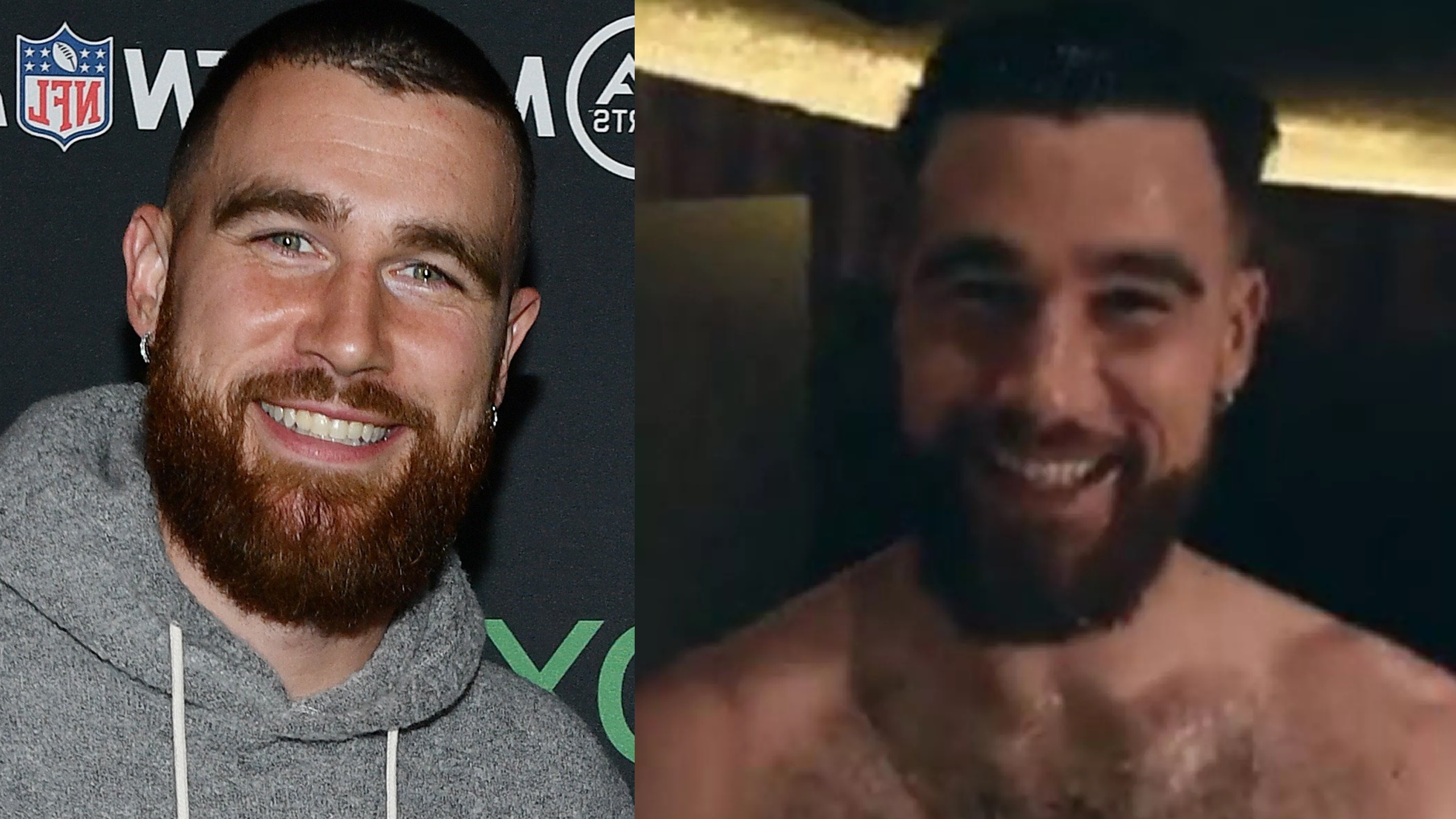 Travis Kelce earns a LEGION of new admirers after video of him walking around shirtless in nothing but a towel is circulated on social media - leaving thirsty fans in a frenzy