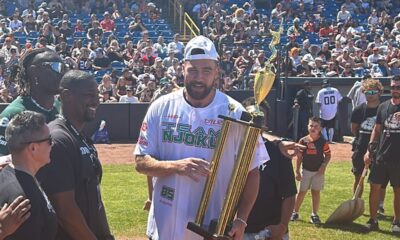 Kansas City Chiefs tight end Travis Kelce won the home run derby during Cleveland Browns tight end David Njoku’s Celebrity Softball Game charity event on Saturday