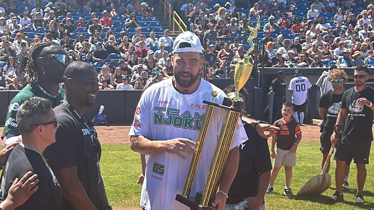 Kansas City Chiefs tight end Travis Kelce won the home run derby during Cleveland Browns tight end David Njoku’s Celebrity Softball Game charity event on Saturday